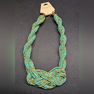 Turquoise & Gold Beaded Necklace Weaved Design New